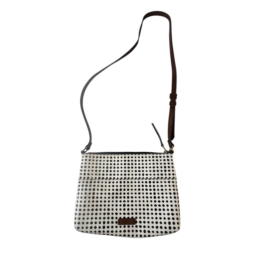 FOSSIL Fionia White Polka Dot Crossbody Purse Coated Canvas Leather Trim EUC